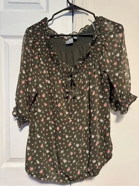 Green Floral Peasant Blouse
